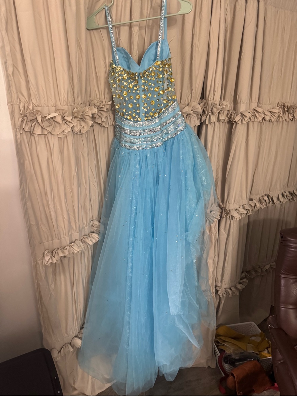 Sherri Hill Light Blue and Gold Beaded High-Low Prom Dress - Picture 2 of 12